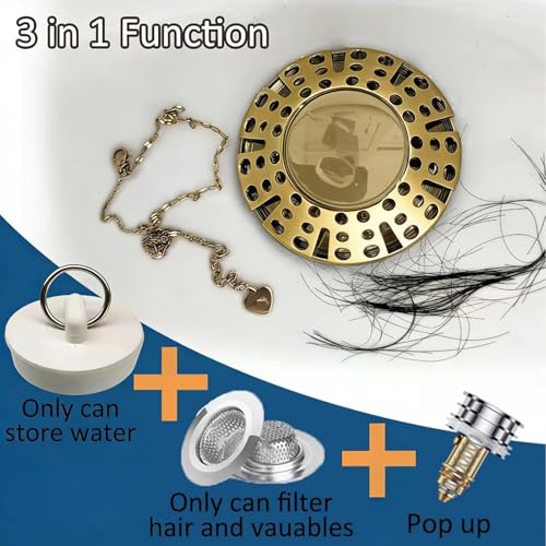 AzWzz Bathtub Drain Stopper, Pop Up Tub Stopper Plug with Bathtub Drain Hair Catcher Cover, Universal for 1.45 in to 1.8 in Tub Drain, Brushed Gold - color: Brushed Gold, style: Tub Drain Stopper with Hair Catcher