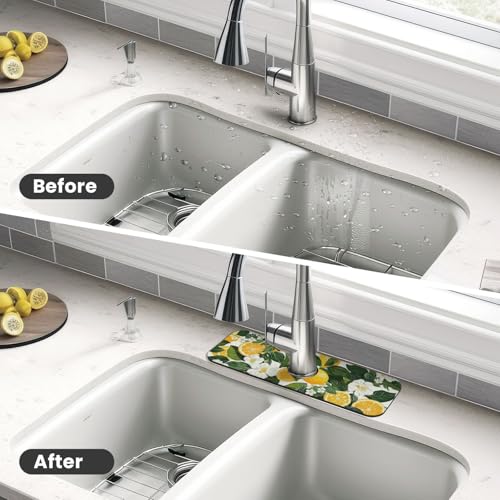 Faucet Draining Mat For Kitchen Sink, Yellow Lemons Green Leaves Diatom Mud Absorbent Drain Pad For Bathroom Kitchen Sink Splash Guard Drying Mat - color: Yellow Lemons Green Leaves