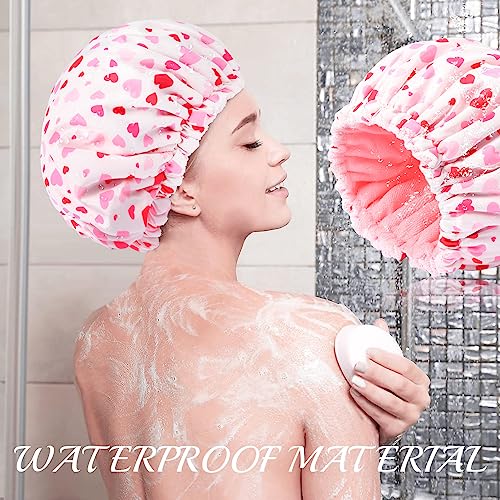 Shower Cap for Women Terry Lined Bath Cap Large Reusable Waterproof Elastic Band Pink Shower Caps for Long Thick Hair Soft Bath Shower Hair Caps - color: Pink Hearts