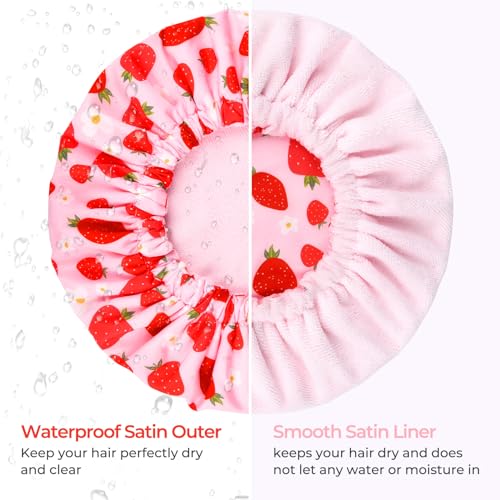 Shower Cap for Women Terry Lined Bath Cap Large Reusable Waterproof Elastic Band Pink Strawberry Shower Caps for Long Thick Hair Soft Bath Shower Hair Caps - color: Pink Strawberry Flowers