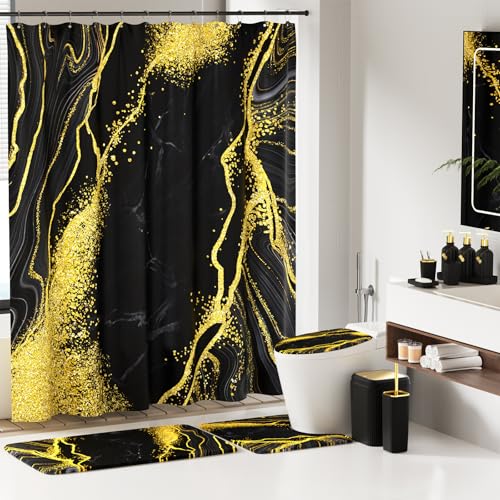 21PCS Bathroom Sets with Shower Curtain and Rugs Bathroom Accessories Set Black Bathroom Set Complete with Trash Can, Toilet Brush, Qtip Holder & 3PCS Soap Dispenser - size: Bath Set+Marble Shower Curtain+Rugs, style: Black
