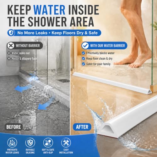 138in Shower Threshold Water Dam - Self-Adhesive Silicone Water Barrier for Wet/Dry Separation, Collapsible Seal Strip for Walk-In Showers, Bathtubs, Kitchen Sinks, Wheelchair Accessible Ramp Design - color: White, size: 3.5 m / 138 in