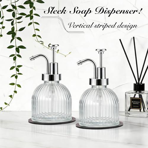 SheeChung 8 Oz Glass Soap Dispenser Bathroom, Clear Liquid Hand Soap Dispenser with Pump, Refillable Dish Soap Dispenser for Kitchen, Cute Modern Stripes Lotion Bottle, Shampoo (Silver Pump, 1 Pack) - color: Clear-silver Pump, 1 Pack