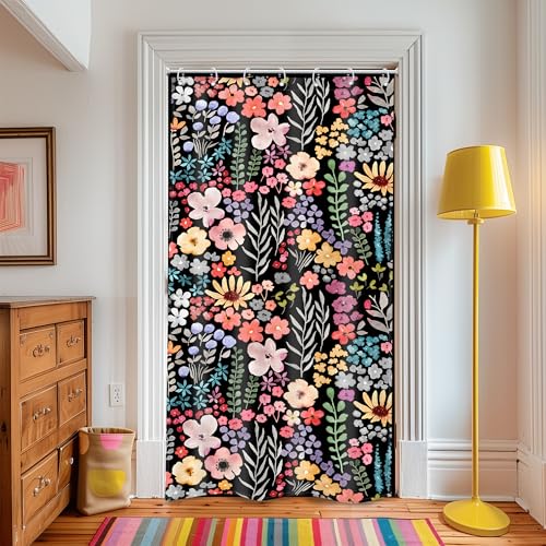 Riyidecor Small Stall Shower Curtain for Bathroom Decor 36Wx72H Rv Narrow Half Single Floral Stand Up Colorful Black Flowers Leaves Art Printed Fabric Polyester Waterproof 7 Pack Plastic Hooks - color: E-black, size: 36"W x 72"L (Pack of 1)