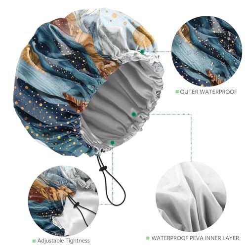 2 PCS Shower Cap Waterproof Double Layer Elastic Adjustable Reusable Hair Bath Caps for Girls Women Cute Aesthetic-Blue - color: G9-Blue