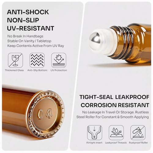 Roller Bottles for Essential Oils 8 Pack Roll On Bottles 10ml Amber Glass | Roller Bottle Thick Empty Glass with Oil Perfume Lip Gloss DIY Kits Boho Stickers, Leak-Proof Refillablefor Travel Gift - color: Amber, size: 8 Pack