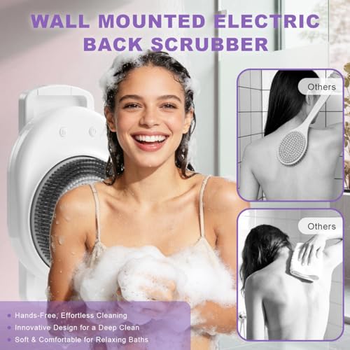 Electric Back Scrubber for Shower Wall Mounted, Hands-Free Automatic Shower Back Washer with 3 Replaceable Heads, Perfect for Men and Women, Easy to Install