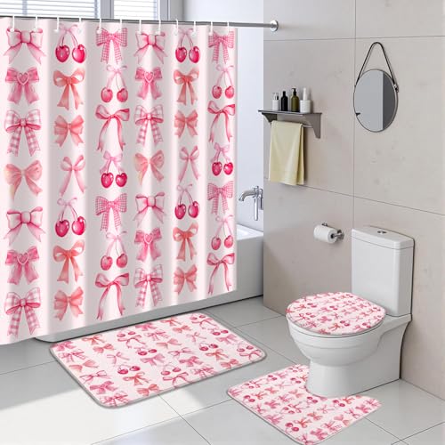 4Pcs Shower Curtain Set, Red Cherry Pink Bow Bathroom Shower Curtain with Rugs and Accessories,with Non-Slip Rugs, Toilet Lid Cover and Bath Mat for Bathroom Decor Set - color: Pink Bow