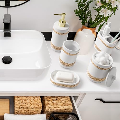 RQYIXI Bathroom Accessories Set with Diamonds 5 Pieces Toothbrush Holder Soap Dispenser Ceramic Bathroom Accessory Set Contain Cotton Swab Jar Toothbrush Cup Soap Dish Tumbler - color: White-set With Diamonds