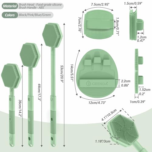 Silicone Back/Face Scrubber & Bath Glove Set 3PCS, Extendable Back Scrubber with Dual-Side Large Head, 360° Anti-Slip Bath Glove, Unique Side-bristle Face Scrubber for All-round Cleaning(Green) - color: Green*3