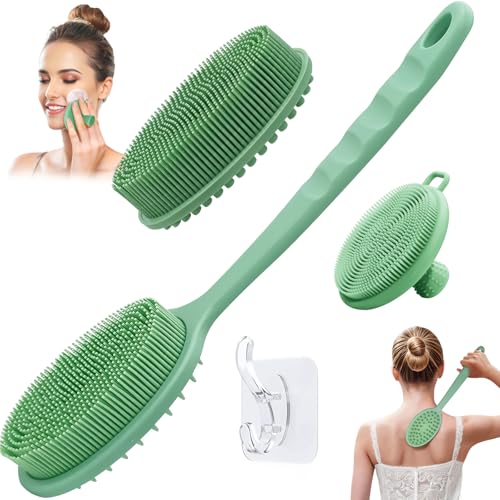 Silicone Face & Back Scrubber Set, Manual Face & Body Scrubber Exfoliator with Soft Bristles and Non-Slip Handle, Back Brush Bath Brush with 2 Detachable Brush Heads(3PCS Green Set) - color: 3*green Set