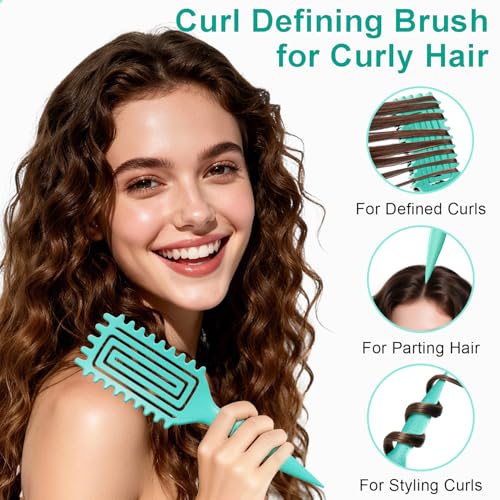 Curly Hair Brush, Curl Defining Brush with Soft Boar Bristles Detangling Tangled Glides, Wide-Teeth Design Effortlessly Shaping & Defining Curls, Curling Definer for Wet & Dry Hair (Green) - color: Green