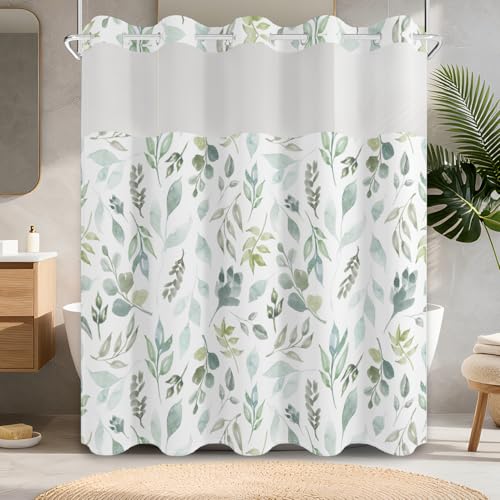 No Hook Shower Curtain with Snap in Fabric Liner Set, Waterproof & Washable, Boho Green Botanical Leaf Floral Shower Curtains for Bathroom, Rustic Modern Hotel Style Plant Bathroom Curtain, 71x74 inch - color: Green Foliage