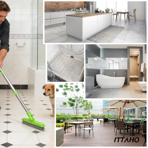 2 Pack Grout Brush with Long Handle, Swivel Cleaning Grout Line Scrubber - Durable Handle Grout Cleaner Brush for Bathroom,Tile,Baseboard,Walk in Shower,Corner & Narrow Space (Green) - color: Green