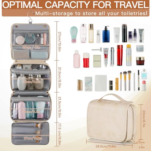 Elviros Hanging Travel Toiletry Bag for Women Vegan Leather (Beige) | 3-in-1 Waterproof Makeup Bag with Compartments for Skincare, Toiletries, Accessories, and Travel Essentials - color: Beige, size: 1 Pack