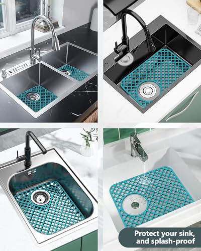 2 Pack Silicone Sink Protectors for Kitchen Sink, Trellis Pattern 13 x 11 Inches Sink Mat, Non-Slip and Durable Sink Protector Silicone, Rear Drain, Green - color: Green