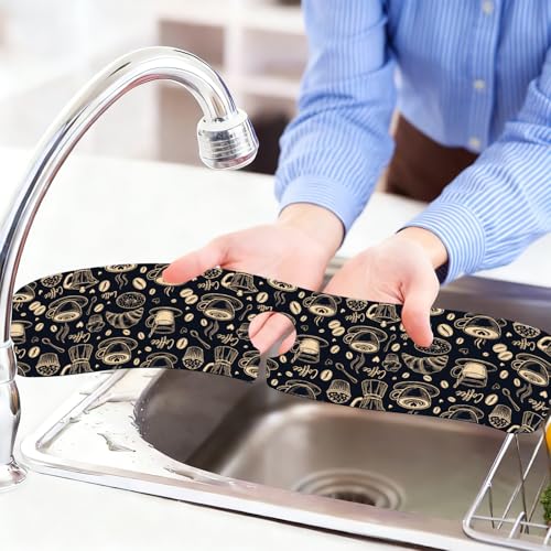 2 Pcs Kitchen Sink Splash Guard Faucet Mat Coffee Element Pattern Faucet Mat for Sinks Coffee Text Absorbing Drying Mats for Kitchen Bathroom, 23.6x5.5inch - color: Coffee Element Pattern