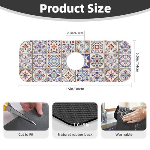 Aquamarine Blue Mexican Tiles 15" X 5.5" Kitchen Sink Splash Guard Faucet Faucet Guard Draining Mat Sink Splash Guard Faucet Kitchen Bathroom - color: Aquamarine Blue Mexican Tiles