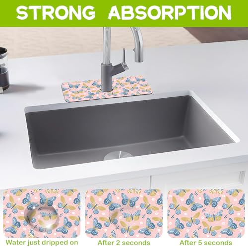 Kitchen Sink Splash Guard Faucet Mat Super Absorbent Fast Drying Mat Guard Behind Faucet Drip Catcher for Kitchen Bathroom (Butterflies and Chamomile, 23.5"X5.5") - color: A-Butterflies and Chamomile