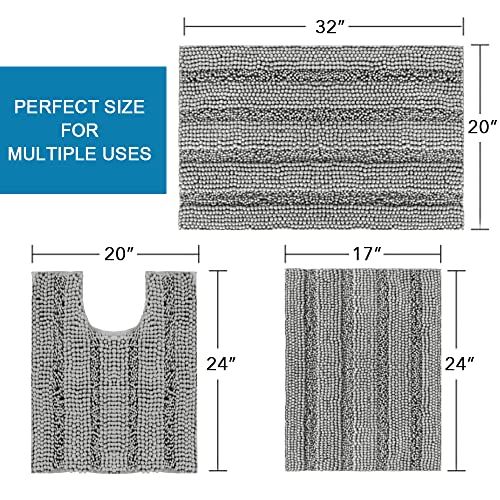 H.VERSAILTEX 3 Piece Bathroom Rugs Sets Thick Striped Bath Rugs Set for Bathroom Non Slip Soft Absorbent Bath Mat Set for Tub, Shower and Toilet(17''x24''+20''x32''+20''x24'' U-Shaped, Dove) - color: Dove