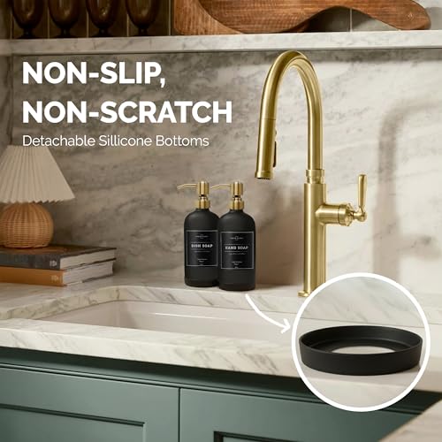 Vine Creations Black Glass Soap Dispenser, 2 Pack Kitchen Soap Dispenser Set with Stainless Steel Pump, 16 oz Dish Soap and Hand Soap Dispensers for Bathroom with Waterproof Labels - color: Matte Black Bottle / Brushed Gold Pump