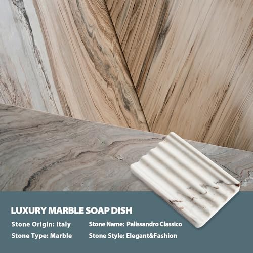 2PCS Koville Italian Natural Marble Soap Dish for Shower, Multi-Color Stone Soap Tray for Bathroom, Bar Soap Holder for Sink, Stripe Grooves Soap Saver Sponge Holder (White/Brown Random) - color: Palissandro Classico