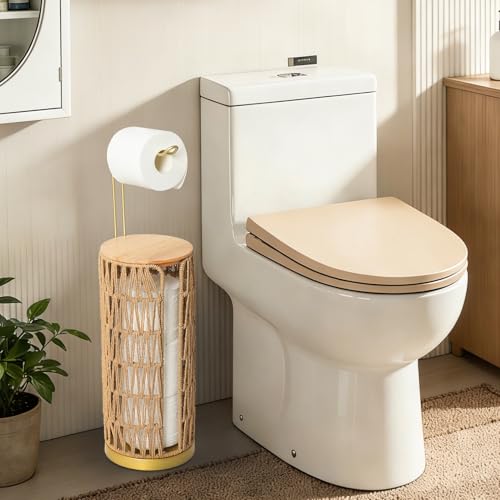 Trongee Freestanding Toilet Paper Holder with Storage,Goldn Handmade Woven Toilet Paper Roll Holder Stand,3 Rolls of Tissue Holder for Bathroom,Rattan Sturdy Boho Bathroom Toilet Paper Storage - color: Gold