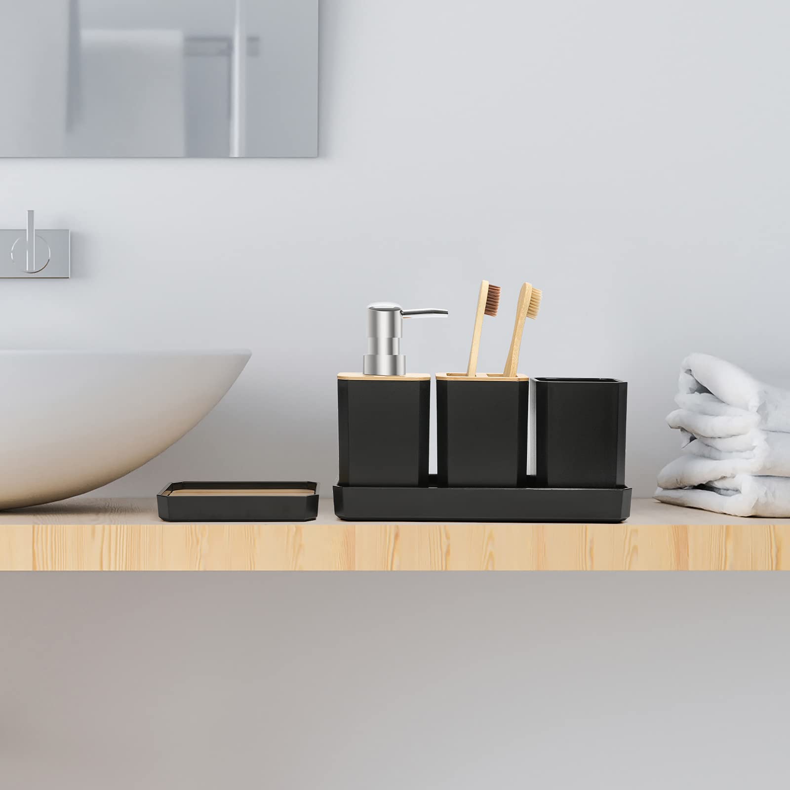 FEILANDUO Bathroom Accessories Set,5 Pcs Bathroom Accessory Gift Set, Soap Dispenser, Soap Dish, Toothbrush Holder, Toothbrush Cup, Vanity Tray, Boho, Modern Bathroom Decor (Black) - style: Black
