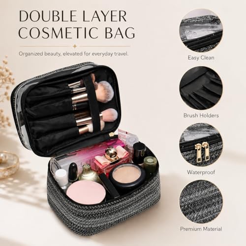 Woven Faux Leather Travel Makeup Bag for Women, Cosmetic Organizer with Clear PVC Top, Large Capacity Toiletry Bag (Black) - color: 03-Black