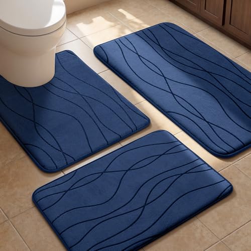 YIHOUSE Bathroom Rugs Set 3 Piece, Memory Foam Bath Mat Navy Blue | Ultra Soft, Absorbent, Non-Slip, Machine Washable, for Bathroom, Sink and Toilet - color: Dark Blue, size: 2'9" x 1'8" (Rectangular)