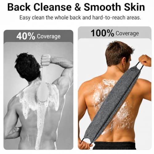 Yiclick Exfoliating Washcloth Towel with Handle, Back Scrubber for Shower, Exfoliating Body Scrubber Exfoliator, Japanese Wash Cloth for Body Scrub, Bath Sponge Loofah Luffa Washer Exfoliator - color: Grey