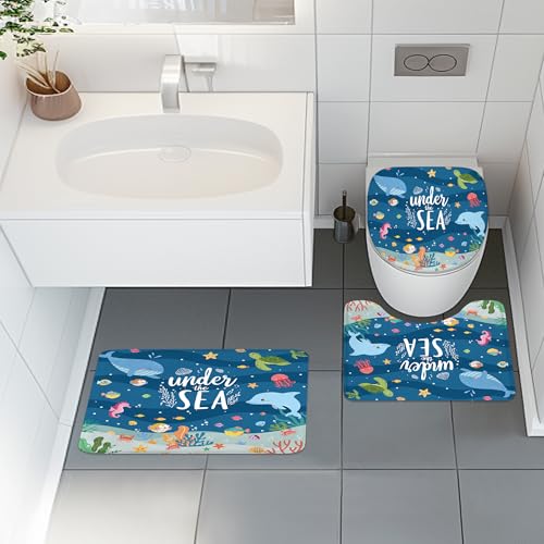 4 PCS Kids Shower Curtain Set 72Wx72H Ocean Bathroom Set Underwater Summer Kid Fish Cute Whale Sea Animal Funny Bath Rug Toilet Lid Cover U Shape Mat Accessories 12 Hooks Bathroom Decors - color: B 01blue, size: 72"W x 72"L (Pack of 4)