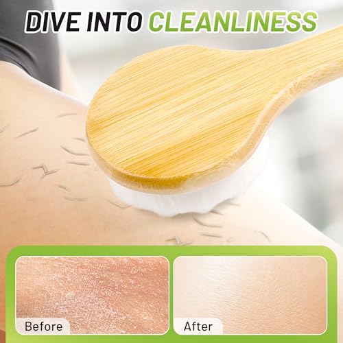 NURENDER Back Brush for Shower, 17.32'' Long Handle Soft Bristles for Sensitive Skin, Effective for Cleansing, Non Slip Grip, Wall Mounted Dry Quickly, Exfoliation Body Scrubber for Men/Women/Elderly - size: 17.32 Inch