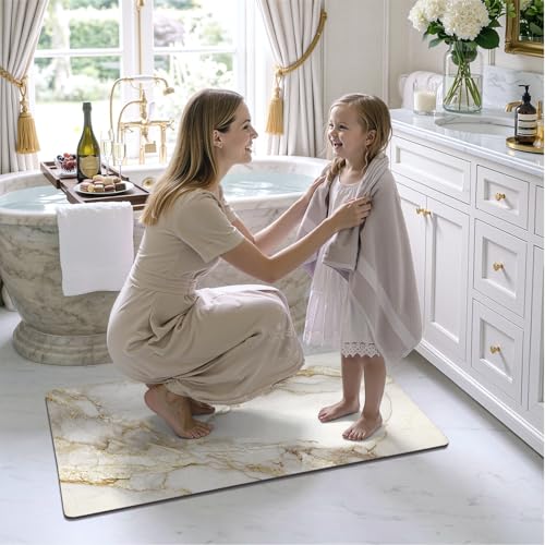 Color&Geometry Ultra Thin Bathroom Rugs Non Slip,Absorbent Quick Dry Bath Mats for Bathroom,Thin Bath Rugs Washable with Rubber Backing Fit Under Door Outside Shower,Gold-Veined White Marble,16"x24" - color: Gold-veined White Marble, size: 16"x24"