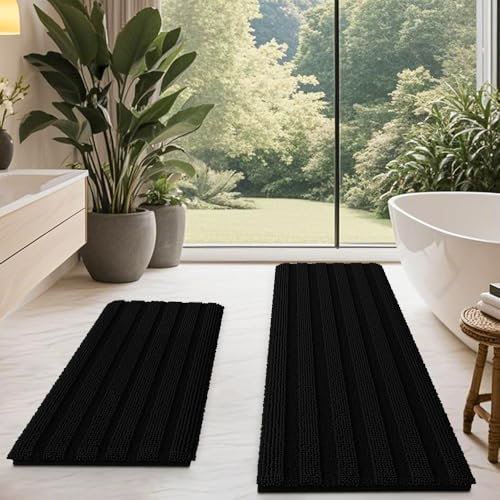 ACCUMTEK Striped Black Bathroom Rug Mat Set 2 piece 32"x20"+60"x20" Ultra Soft, Non Slip Chenille Bath Rugs, Absorbent Plush Shaggy Bath Mats for Bathroom, Bedroom, Kitchen, Shower, Tub - color: Black, size: 60"x20"