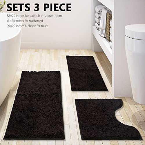 Bathroom Rugs Chenille 3-Piece Extra Soft and Absorbent Shag Bathroom Rugs, Machine Wash Mat, Strong PVC Non-Slip Underside, Plush Carpet Mats (Coffee) - color: Coffee, size: 2'8" x 1'8" (16x24"+20x32"+20x20"U shape）