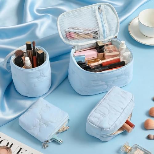 4Pcs Quilted Makeup Bag Set, Cute Bowknot Puffy Makeup Bag Toiletry Bag w/ Bow Zipper Travel Essentials Large Water-Resistant Travel Makeup Bag Versatile Cosmetic Organizer Pouch for Women Girls - color: Sky Blue