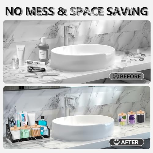 TuCao Marble Bathroom Countertop Organizer, Toothbrush Holders for Bathroom with 3PCS Qtip Holder Dispenser and Toothpaste Holder Drainage for Bathroom Accessories Organization Counter Vanity Storage - color: Marble Black, size: 3 Cups