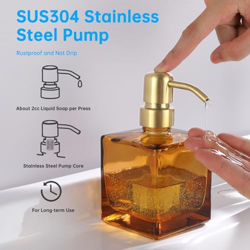 Square Bathroom Soap Dispenser Amber Bottle with Brushed Gold Pump, Retangle Cube 8.4 oz Glass Bottles with Stainless Steel Pump Hand Liquid Soap Dispenser Kitchen - color: Amber and Brushed Gold, size: 8.4oz-Square