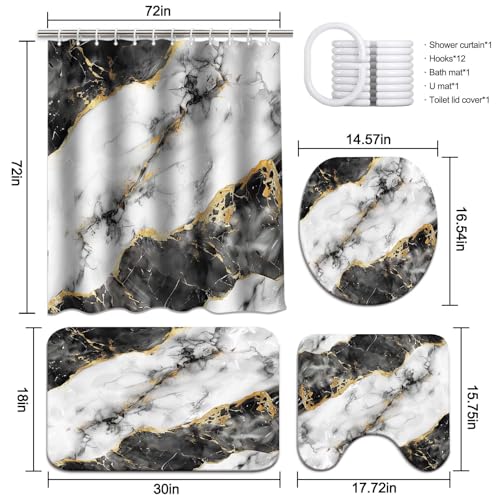 Lnond 4Pcs Bathroom Sets with Shower Curtain and Rugs, Marble Bathroom Shower Curtain Sets, Black White Gold Modern Art Bathroom Sets with Rugs and Accessories - color: Black Grey Marble