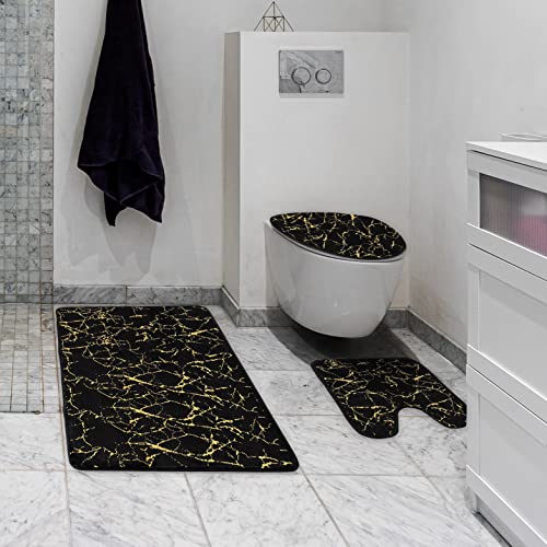 Marble 3-Piece Nonslip Black Gold Bathroom Rugs and Mats Set - Soft, Washable, Water Absorbent Shower Rug with U-Shaped Contour and Toilet Lid Cover - color: Black Gold, size: Set of 3