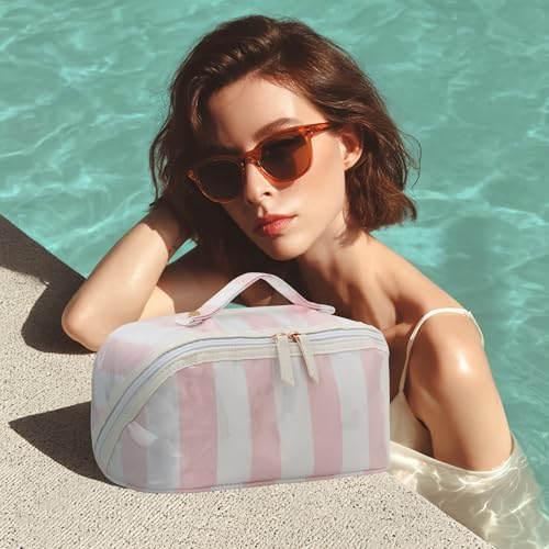 DYSHAYEN Stripe Travel Makeup Bag with Compartments Clear Coated Cosmetic Bag for Women, Waterproof Portable Open Flat Toiletry bag （White-Pink） - color: White-Pink