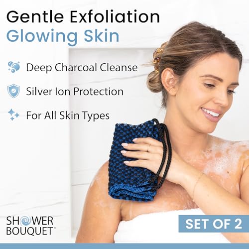 Japanese Exfoliating Washcloth for Back & Body 2-Pack - Charcoal & Silver Ion Exfoliating Towel with Handles - Two-Sided Gentle Exfoliation & Deep Cleanse Body Wash Cloths for Shower - 1 White, 1 Blue - color: Charcoal Blue + Charcoal White, size: 1 Count