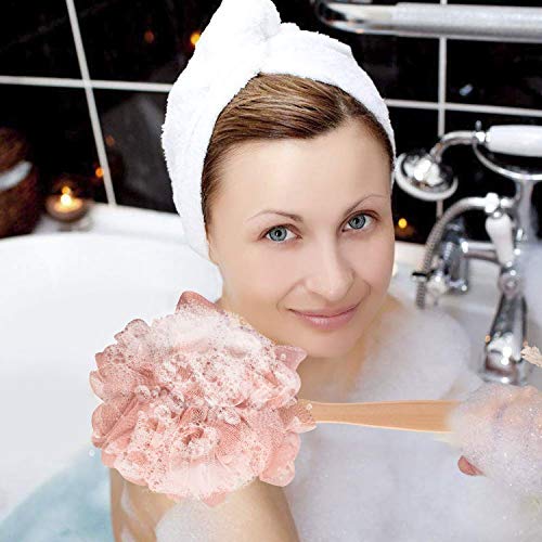 Pink Loofah with Handle - Cute Back Scrubber & Exfoliating Shower Sponge, Soft Mesh Luffa on Wooden Stick, Bath Brush for Women and Girls - color: Pink
