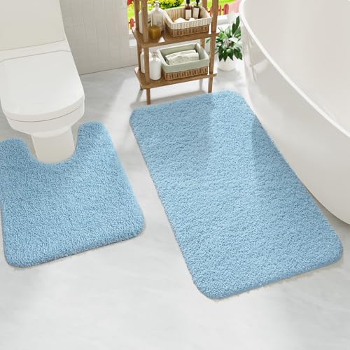 HOMORE Bathroom Rug Set 2 Piece,Soft Absorbent Bath Mats Set,Machine Washable Bath Rug Sets for Bathroom Non Slip,(21"x34"+21"x21") Plush Shaggy U Shape Contour Toilet,Light Blue - color: Light Blue