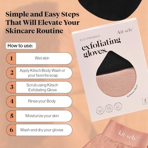 Kitsch Exfoliating Gloves 2pc – Korean Exfoliating Mitt & Deep Exfoliating Body Scrubber for Shower, Bath | Body Exfoliator, Dead Skin Remover | Skin Care for Smooth, Renewed Skin - Black & Terracotta - color: Black & Terracotta, size: 1 Count (Pack of 2)