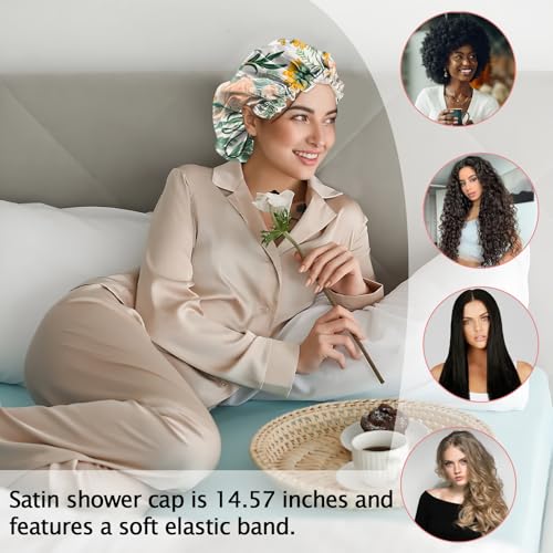 Luxury Shower Cap Satin Silk Lined Adjustable Elastic Reusable Waterproof Shower Bath Cap Cute for Women Girls-Orange Flower - color: AK6-Orange Flower