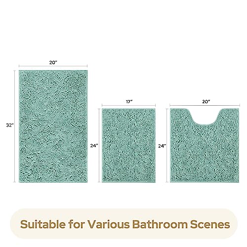 HOMEIDEAS 3 Pieces Bathroom Rugs, Ultra Soft Non Slip Absorbent Chenille Toilet Bath Mat Set (Eggshell Blue) - color: Blue-eggshell Blue, size: 17"x24"+20"x32"+U Shape 20"x24"