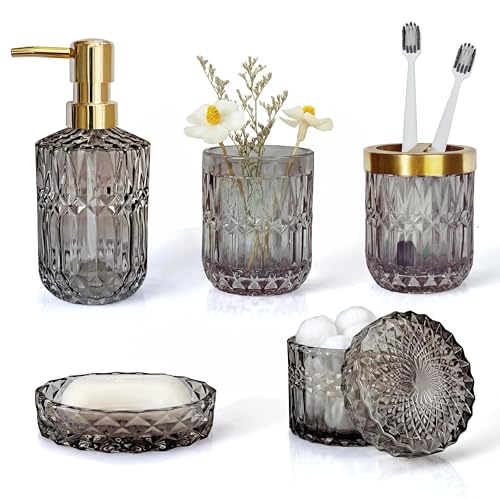LaMarriti Gray Bathroom Accessories Set, 5Pcs Glass Bathroom Set, Soap Dispenser and Toothbrush Holder Set, Soap Dish, Q-Tips Holder Set, Black and Gold Accent for Vintage Bathroom Decor - style: Grey black