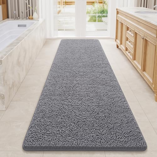 LOCHAS Luxury Bathroom Rug Shaggy Bath Mat 24 x 80 Inch, Washable Non Slip Bath Rugs for Bathroom Shower, Soft Plush Chenille Absorbent Carpets Mats, Grey - color: Grey, size: 2' X 6'8" (24''x80'')
